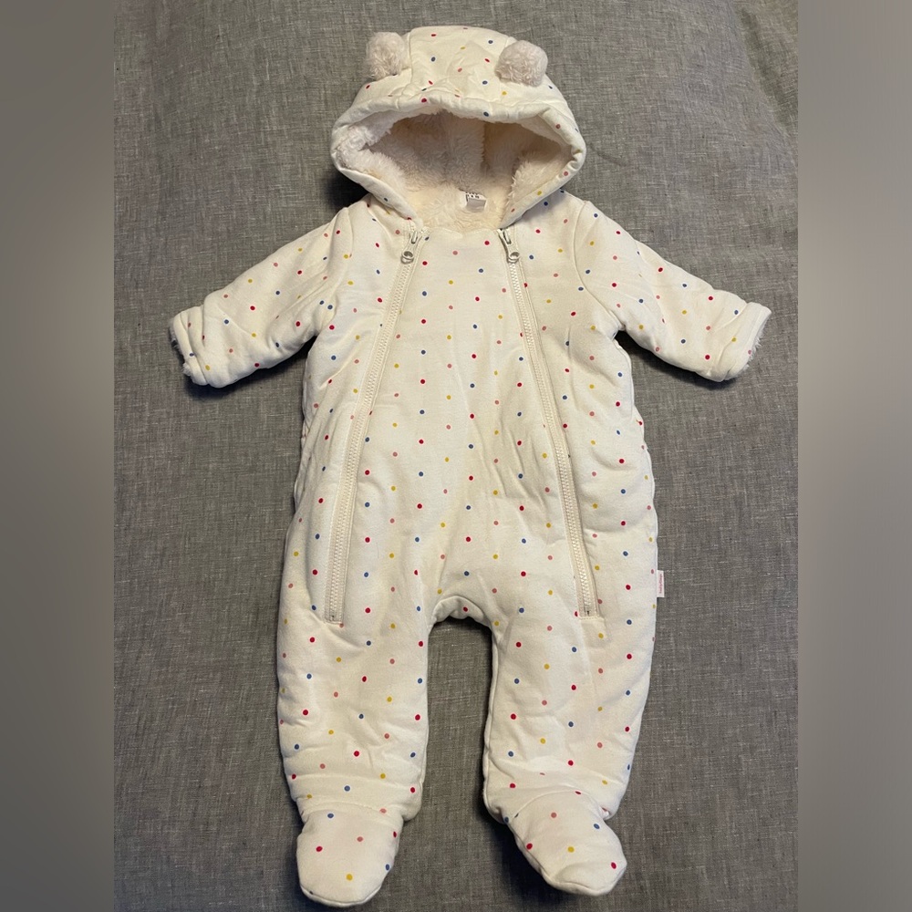 Baby GAP snowsuit 0-3 month red yellow blue polka dots cotton fleece lined nwot